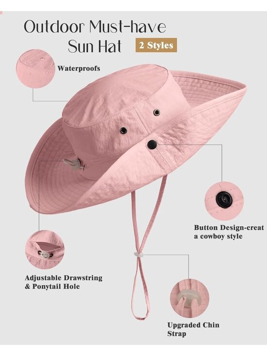 〽️Women Pink Ponytail UPF 80+ Wide Brim Packable Cowboy Hat Beach Sun Hat